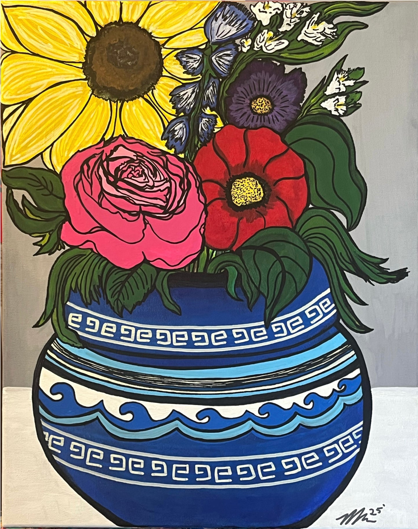 “Mixed Bouquet of flowers in a Greek vase” 16x20 Acrylic Painting
