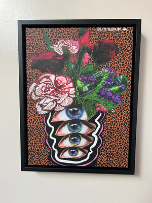 Retro Funky Eyeball Vase - Wall Decor - 9x12 canvas - Black Pinewood Frame