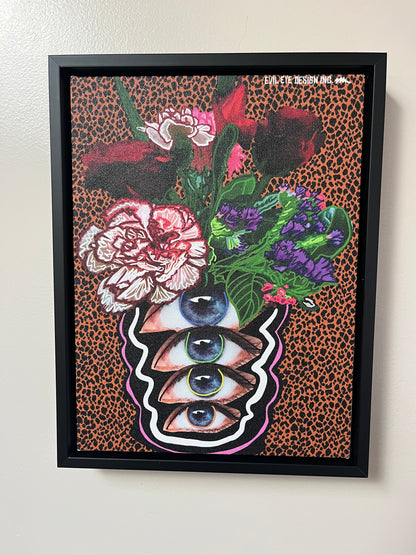 Retro Funky Eyeball Vase - Wall Decor - 9x12 canvas - Black Pinewood Frame