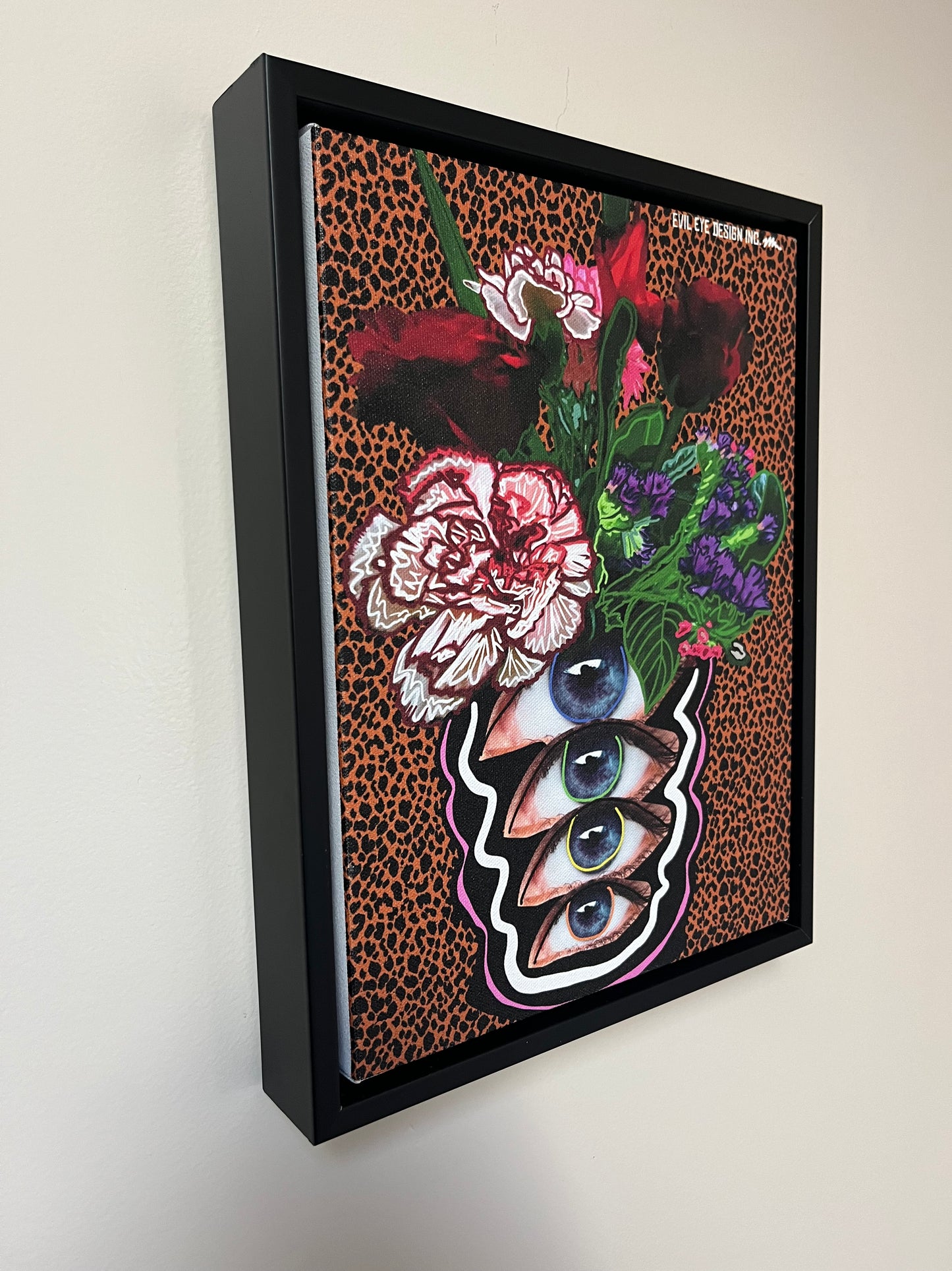 Retro Funky Eyeball Vase - Wall Decor - 9x12 canvas - Black Pinewood Frame