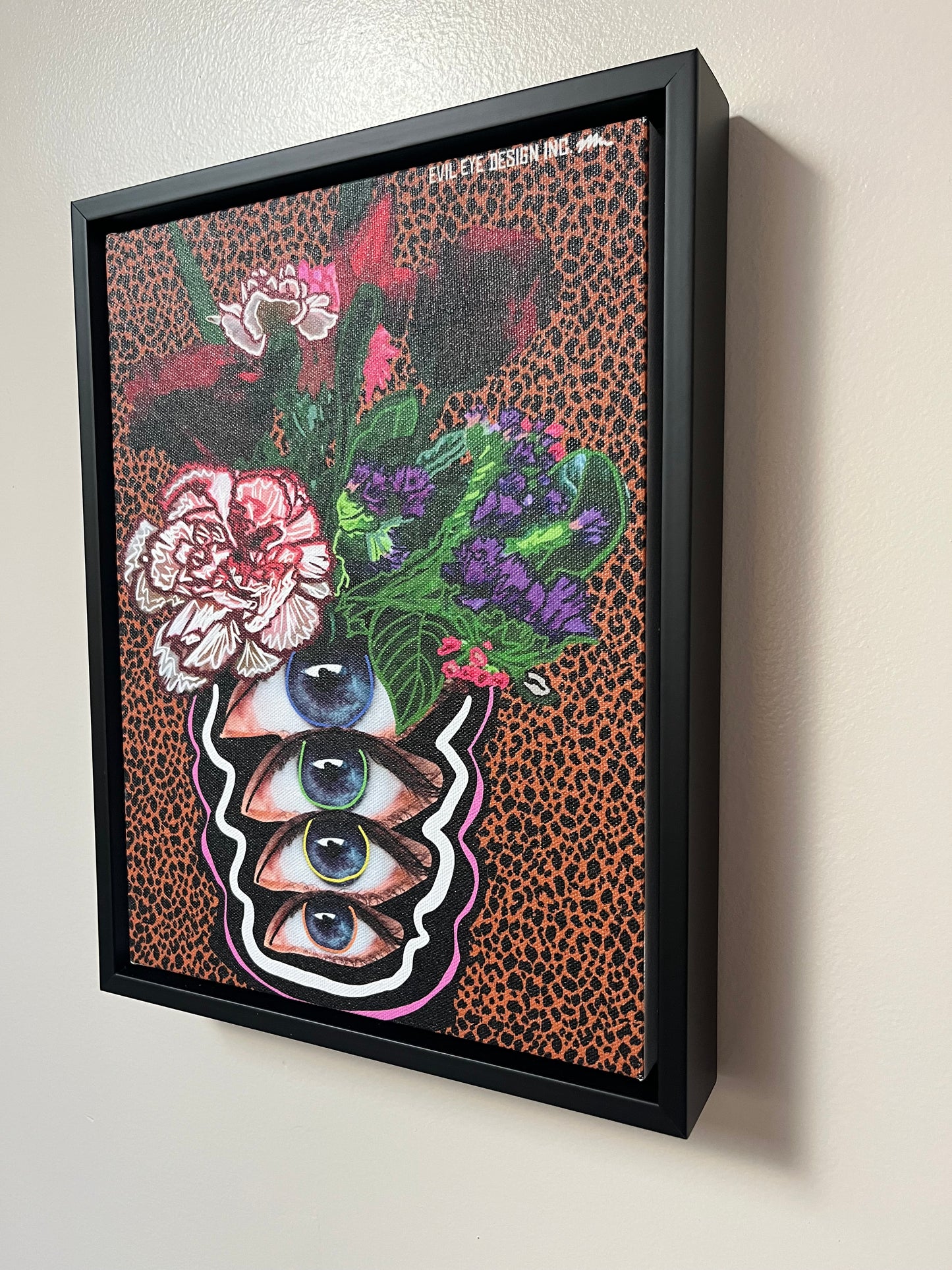 Retro Funky Eyeball Vase - Wall Decor - 9x12 canvas - Black Pinewood Frame