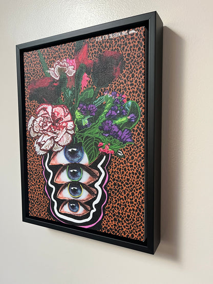 Retro Funky Eyeball Vase - Wall Decor - 9x12 canvas - Black Pinewood Frame
