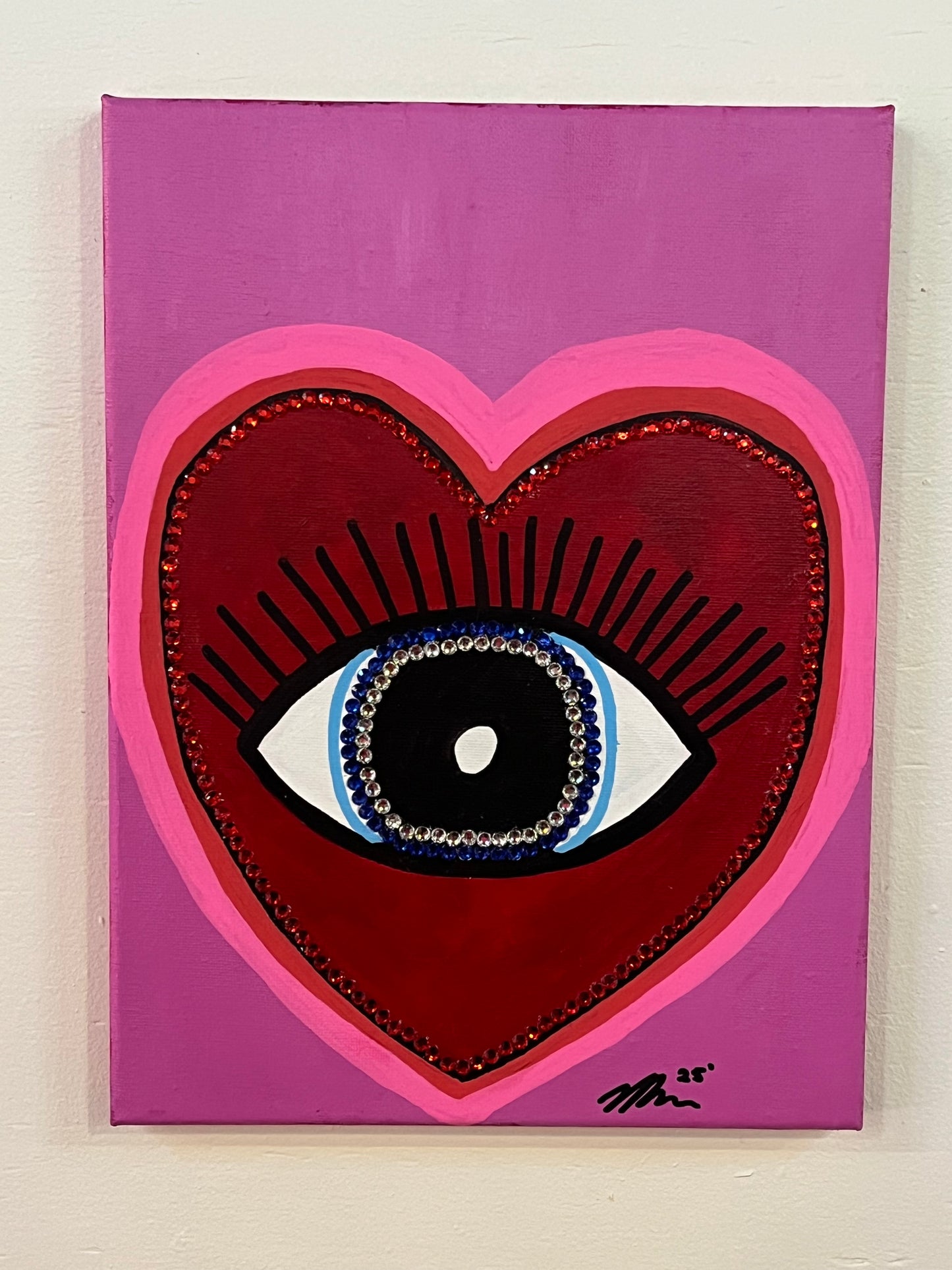 Original Evil Eye Heart - Acrylic Painting 9x12 Canvas - Added gems