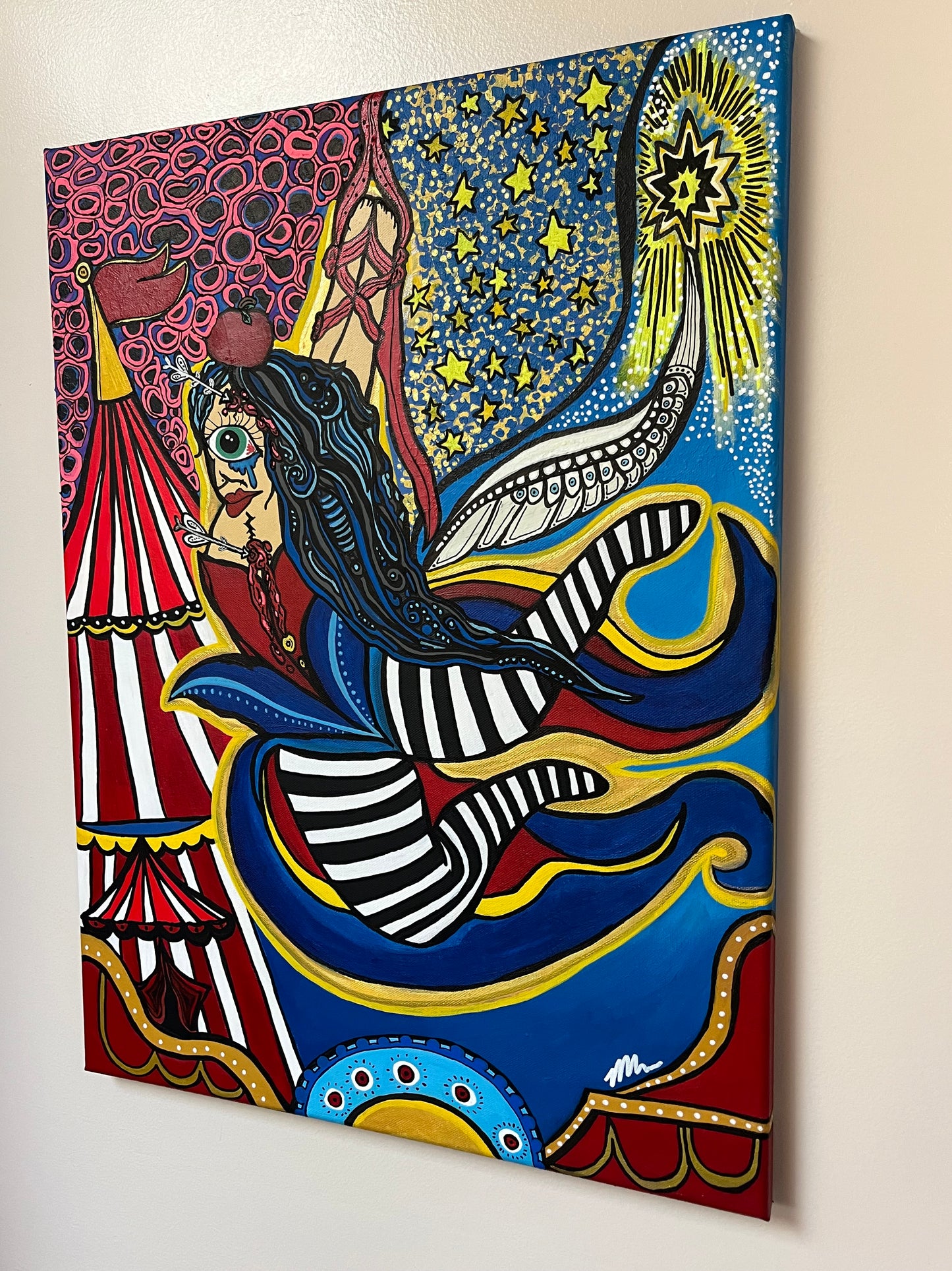 “The lost circus woman finding her way in life with a broken mind and heart” Acrylic Painting 18x24, 0.5’ Canvas