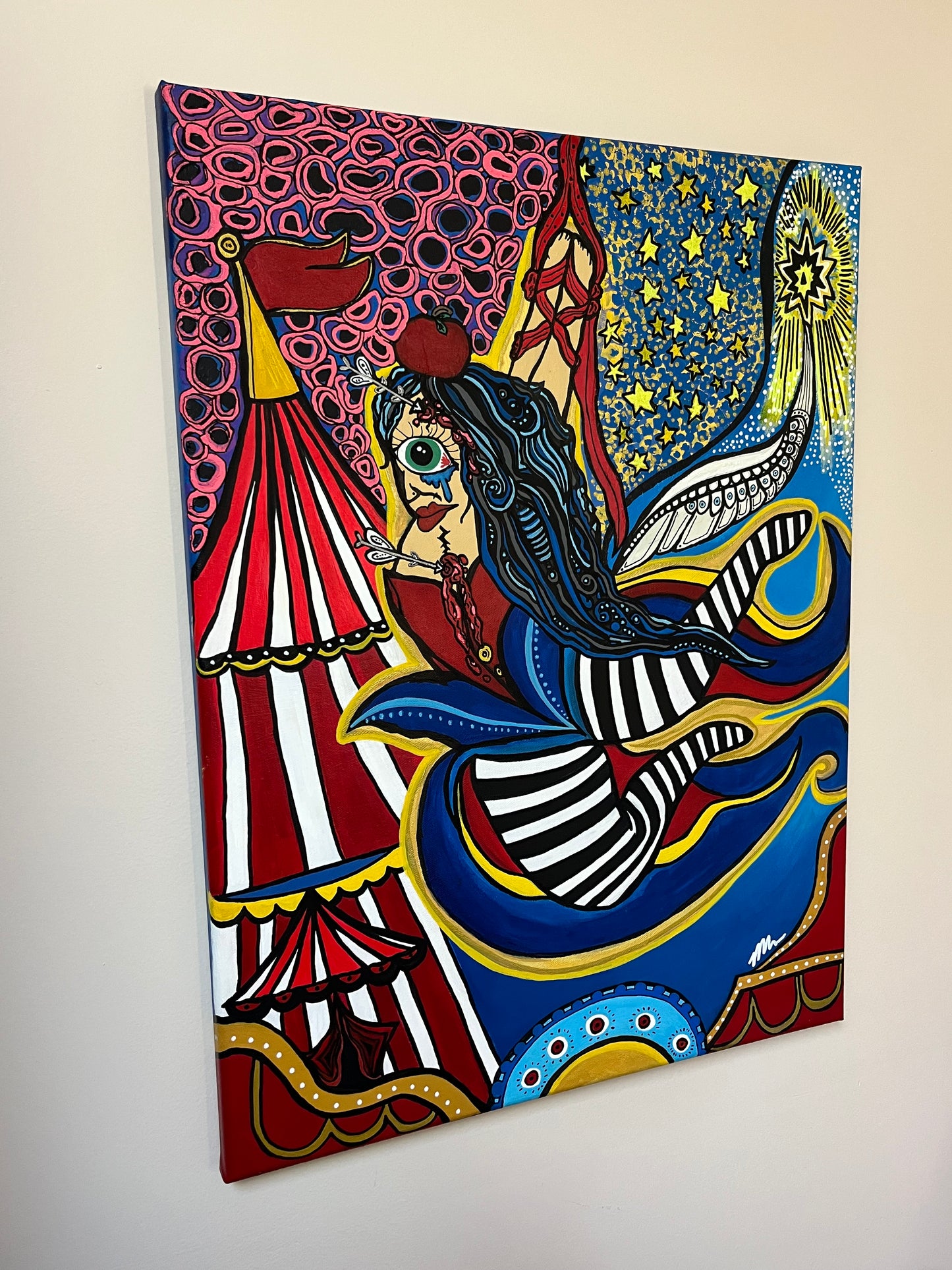 “The lost circus woman finding her way in life with a broken mind and heart” Acrylic Painting 18x24, 0.5’ Canvas